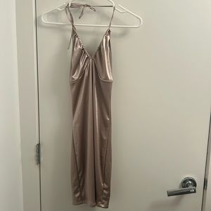 Satin, shiny, tan, mini dress